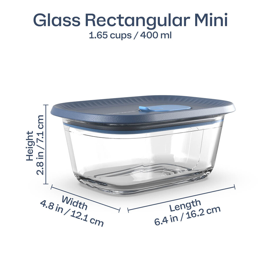 tupperware voila glazen voedselbewaarcontainer rechthoekig mini donkergrijs en blauw deksel