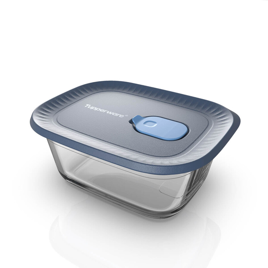 tupperware voila glazen voedselbewaarcontainer rechthoekig klein donkergrijs en blauw deksel