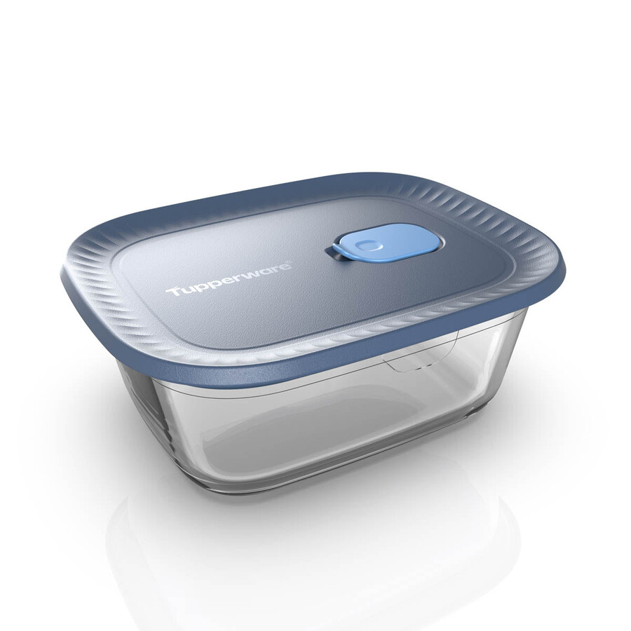 tupperware voila glazen voedselbewaarcontainer rechthoekig medium donkergrijs en blauw deksel