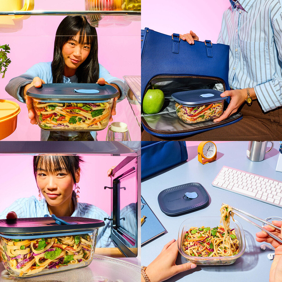 tupperware voila glazen voedselbewaarcontainer rechthoekig medium donkergrijs en blauw deksel
