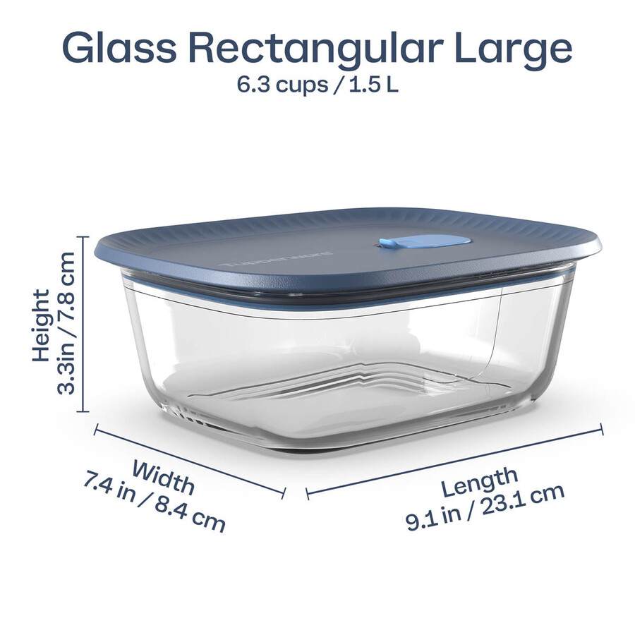 tupperware voila glazen voedselbewaarcontainer rechthoekig groot donkergrijs en blauw deksel