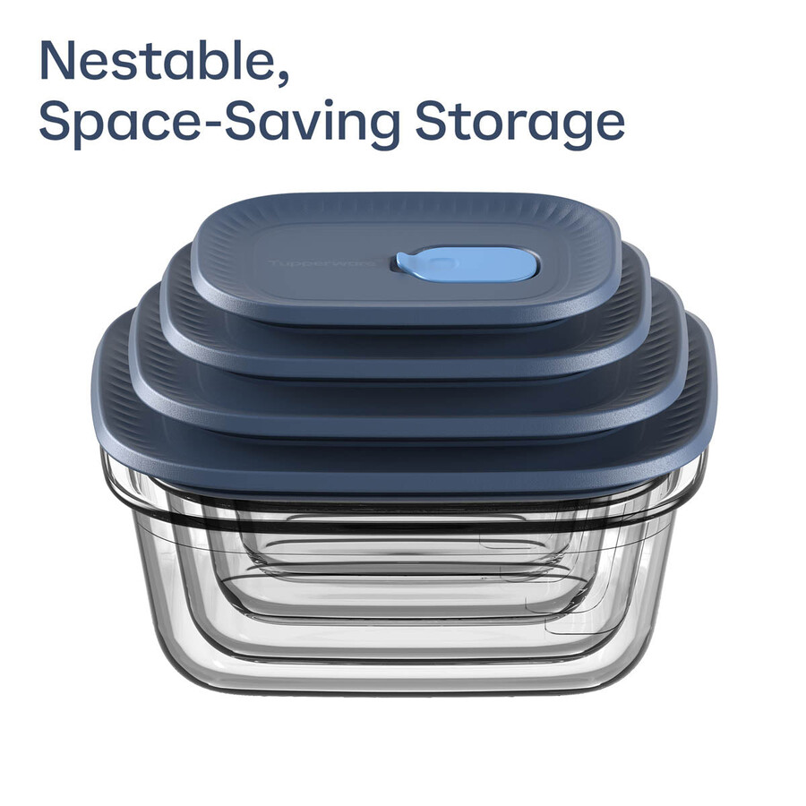 tupperware voila glazen voedselbewaarcontainer rechthoekig groot donkergrijs en blauw deksel